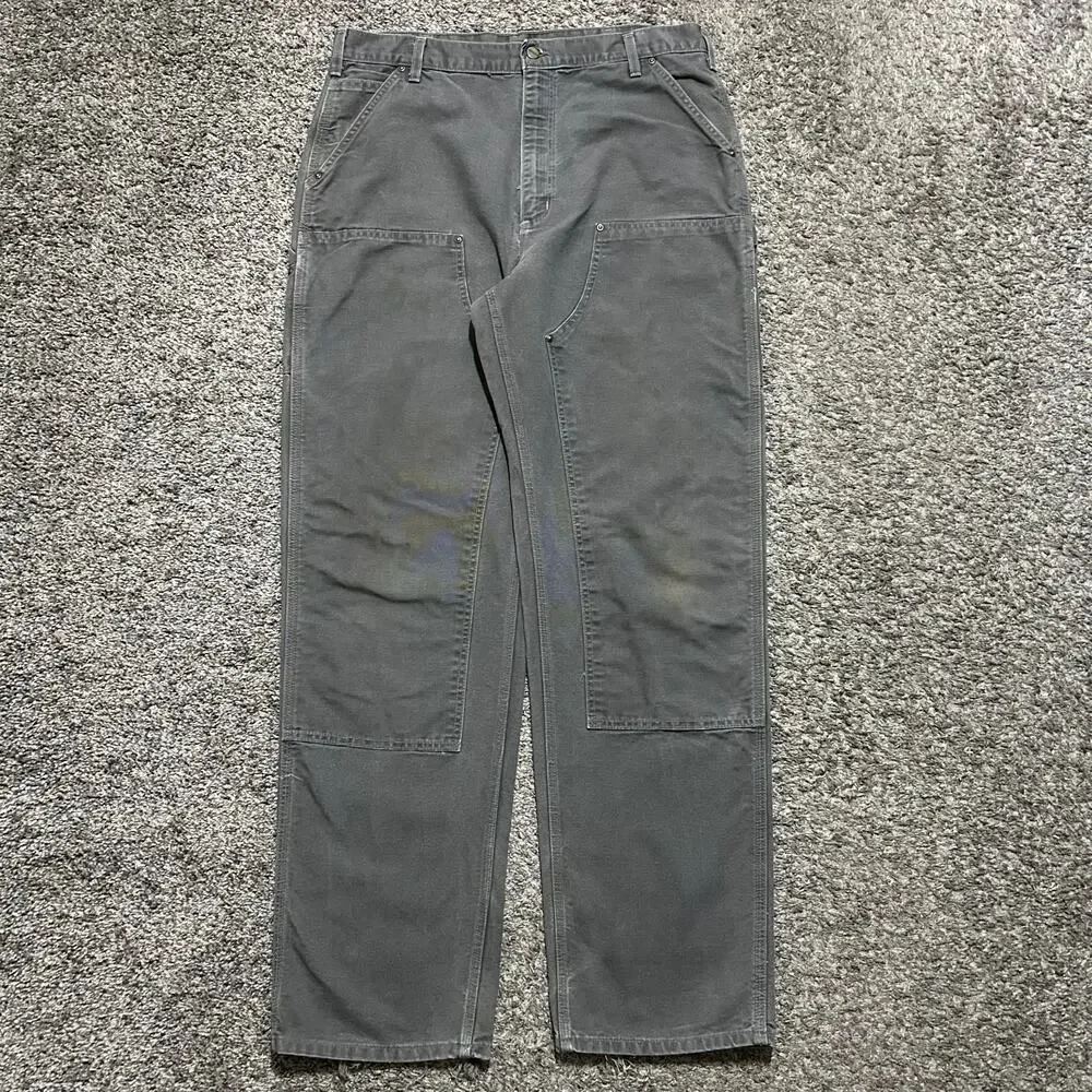 Vintage Carhartt Double Knee Work Pants Duck Canvas Made in USA Faded Gray 38x36